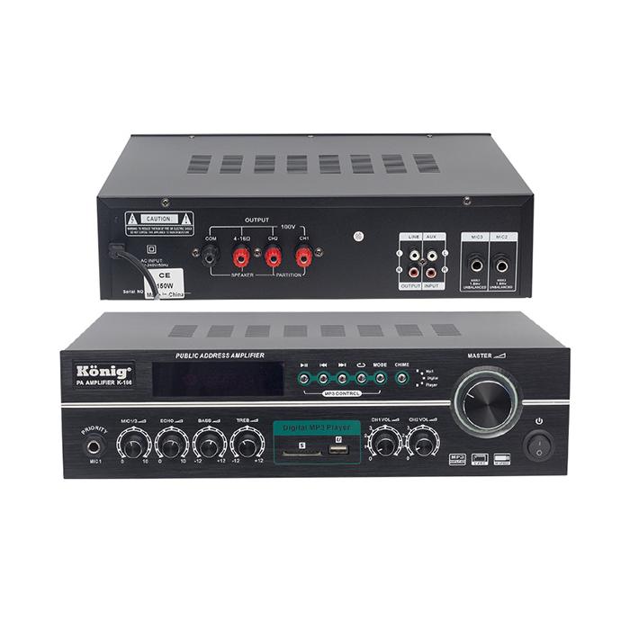 KÖNİG K-166 150 WATT 100V/70V/4-8 OHM USB/SD UK-İKİ BÖL-3 MİK GİRİŞLİ HAT TRAFOLU ANFİ