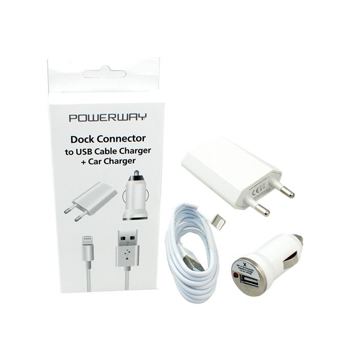 POWERWAY IPHONE 5 3LÜ SET (220V BAŞLIK+ÇAKMAKLIK+KABLO)